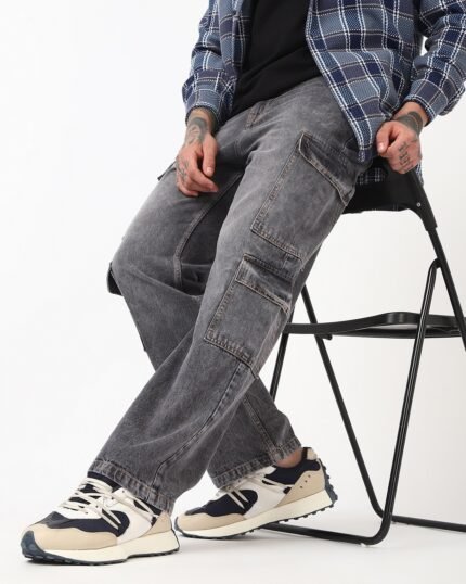 Men's Grey Baggy Fit Washed Cargo Mid-Rise Jeans