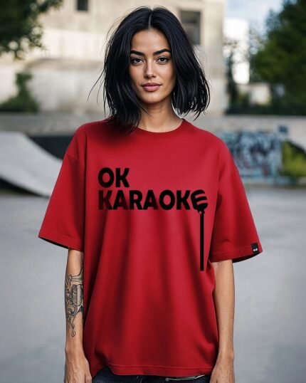 Women's Bold Red OK Karaoke Typography Oversized T-shirt