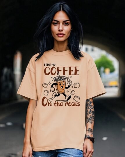 Women's Ginger Root Brown Coffee On The Rocks Graphic Printed Oversized T-shirt